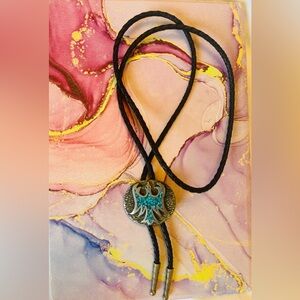 Bolo inlaid turquoise eagle leather artist stamped